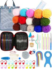 EDCUEBE7 Kit de démarrage de crochet pour débutants, crochets de tailles A-1, A, B, C, 24/15/10/5 couleurs 25g de fil, pour le crochetage, crochets ergonomiques convenant aux débutants, aux adultes et en cadeau (accessoires de couleur aléatoire)