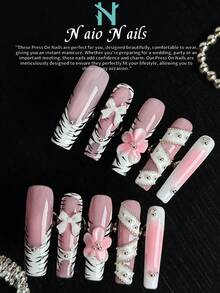 NAIO 10 件/套长指甲矩形辣妹豹纹法式设计手工按压式人造假指甲，3D S 形黑白豹纹法式尖头指甲，浮雕花朵，白色蝴蝶结，银色珍珠指甲配件，粉色晒伤按压式指甲贴片，长矩形，适合日常使用，返校，海滩，派对，礼物 - 按压式指甲美甲用品是送给女孩的完美礼物