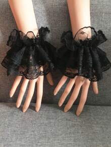 1 par de mangas cortas de encaje para mujer, adecuadas para bodas, fiestas, moda lolita, disfraces, viajes, festivales, guantes, campamentos - Negro - Ver 9