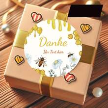 Custom Thank You Stickers - Round Beehive & Honey Drips Design With White Daisies, Flying Bee & "Danke" German Text - Premium Paper Stickers For Gift Wrapping, Gratitude Gifts, Birthdays, Weddings, Custom Stickers, Birthday Gifts, Floral Illustration, High Quality Print, Decorative Labels, Wedding Planners School Supplies, Back To School