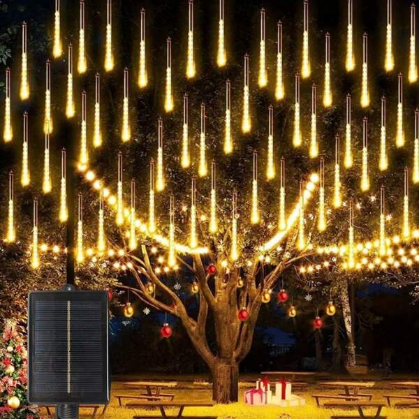 1pc Solar Powered Christmas Lights Outdoor Meteor Shower Lights,192/288LED Falling Rain Drop Lights Icicle Snow Cascading Xmas Lights For Tree Wedding Party Garden Courtyard Eave Decorative Lamp, Perfect For Christmas Gifts, Holiday Office, Bedroom, Hotel, Party, Restaurant Decoration
