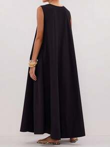 Women's Summer Long Tank Dress Solid Color Sleeveless Scoop Neck Ruched Wide Shoulder Loose Dress - 黑色 - 查看 7