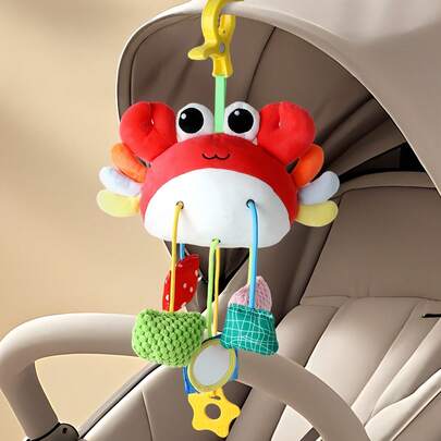 1个多功能螃蟹牙胶玩具，带铃铛、摇铃、镜子、牙胶和夹子，柔软毛绒悬挂玩具，带有感官珠和发声器，卡通红色动物造型，适用于婴儿床/婴儿车/汽车座椅，安抚宝宝，非常适合旅行/午睡/室内玩耍