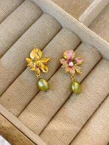 Natural Faux Pearl Flower Earrings For Women, Vintage & Antique Style, Unique Design, New Chinese Style Ear Studs With Elegant Quality, 2025 New Arrival Valentines - 彩色 - 查看 12