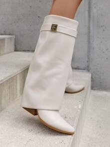 Zapatos de tacón bajo/alto, decoración con hebilla de metal, diseño de punta afilada - Blanco - Ver 2
