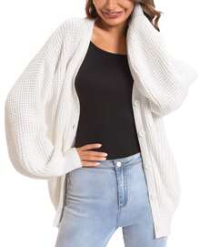 1 Women's Rose/Camel Loose Thick Warm Temperament Sweater Jacket For Home Travel Halloween Top Casual Women's Deep V Neck Drop Shoulder Button Rib-Knit Long Sleeve Midi Cardigan In Wool-Like Fabric - 白色 - 查看 3