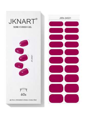 JKNART 20pcs Half Cured Nail Stickers, Magenta Color Nails, Manicure Gel Nail Polish Stickers, Half Baked Nail Stickers, 2nd Generation Soft Gel Nail Stickers (Require UV Lamp), Easy To Apply And Remove