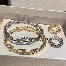 1 pièce Ensemble de bracelet à boucle en U en forme de 2 pièces et bague ouverte semi-ornée creuse, article populaire style européen et américain