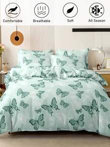 Juego de funda nórdica de 2/3 piezas con estampado de mariposa verde, juego de ropa de cama moderno y elegante para niños para todas las estaciones, suave y transpirable, lavable a máquina (1 funda nórdica + 1/2 fundas de almohada)