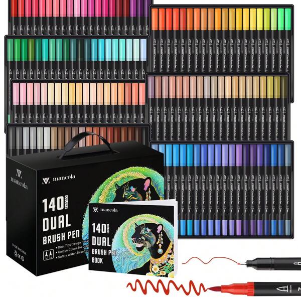 Set de 140 colores de pinceles de arte de doble punta - 100 puntas de cerdas suaves y marcadores de punta fina - Caligrafía, diario, toma de notas, dibujo, colorear, adecuado para libros de colorear para adultos, dibujo y colorear para niños, útiles escolares, vuelta al cole