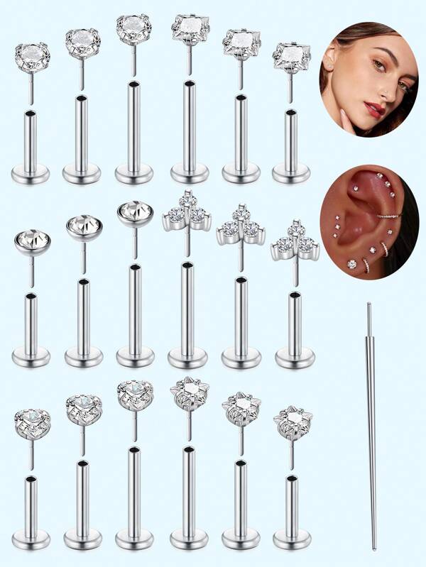 4Pcs 16G Elegant Simple Style Stainless Steel Threadless Studs Set With Taper, Synthetic Zirconia, Heart & Star Design, 6Mm 8Mm 10Mm, Lip Rings, Cartilage Earrings, Nose Rings, Women Body Piercing Jewelry, Daily & Gift Occasions, Festival Gift