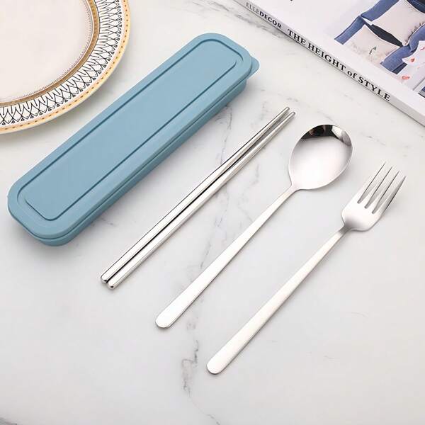 New Three-Piece Stainless Steel Tableware Set, Stainless Steel Korean-Style Tableware Set, Including Chopsticks, Spoons, Forks And Storage Box, Portable Tableware Set, Outdoor Travel Tableware, Student Party Tableware Supplies, Reusable Tableware Set