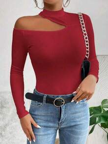 Women's T-Shirt Blouse Suplex Fabric Long Sleeve High Neck Asymmetrical Cut Ideal For Meetings And Casual Use - 紅色 - 查看 3