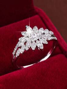 Kotak Hadiah Cincin Bunga Matahari Emas Mewah dengan Batu Zirkonia Kubik, Cocok untuk Pakaian Pernikahan, Pertunangan, dan Hadiah Liburan Wanita - Perak - View 2