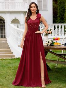 MIUSOL 亮片花卉蕾丝心形领口无袖荷叶边雪纺开衩长款正式派对礼服、晚礼服、优雅舞会礼服、婚礼宾客礼服、毕业典礼、宴会、夏季假日 - 紅色 - 查看 4