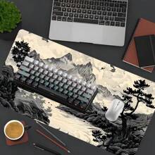 Black And White Mountain Art Gaming Mouse Pad Japanese Ink Painting Mousepads Extended Large Desk Mat With Stitched Edge Non-Slip Rubber Base Desk Accessories For Home Office Decor Desk Pad 35.4x15.7 Inch Perfect Gift For Men Women