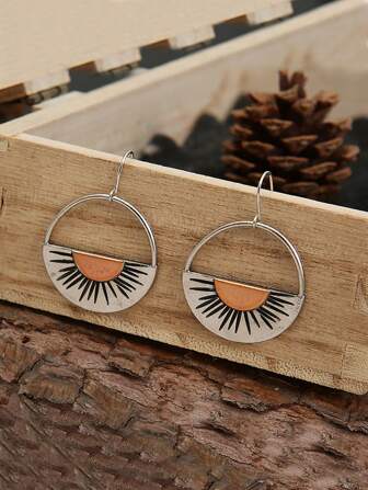 1 Pair Vintage Sunrise Sun Pendant Earrings, Women Girls Retro Accessories