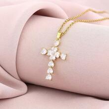 1pc Fashionable Cubic Zirconia Cross Stainless Steel Pendant Necklace, Suitable For Daily Wear, Party And Casual