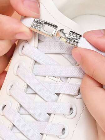 1 Pair Rhinestone Decor Flat Elastic Shoelaces, Diamond-Shaped Buckle Design For Easy Slip-On, Suitable For Sports Shoes, Canvas Shoes, Basketball Shoes, Running Shoes, Summer, Universal Fit