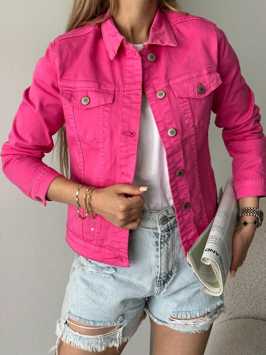 Women's Solid Color Casual Front Button Frayed Trim Denim Jacket - Pink - View 1