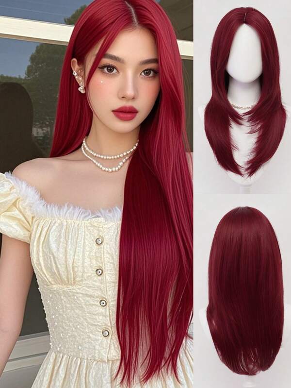 XYUNMI Sweet Red Long Straight Wig 26 Inch Multi-Layer Lightweight Breathable Women's Heat Resistant Synthetic Wig For Daily Wear Party Date Elegant Fashion Simple Costume Wig Role Play