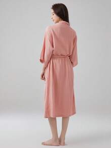 1 pieza Bata de mujer de gasa de unicolor con cuello recto, bata larga, ropa de dormir, informal, suave, absorbente, para baño, dormitorio, piscina, hotel, spa, uso personal, regalo
