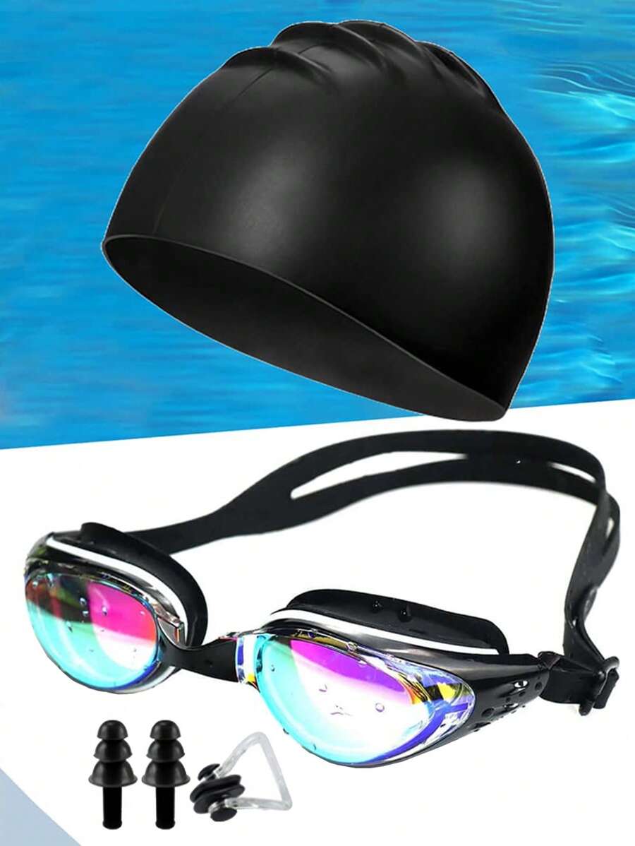 Swimming Cap And Goggles Set (Including Nose Clip And Ear Plugs)