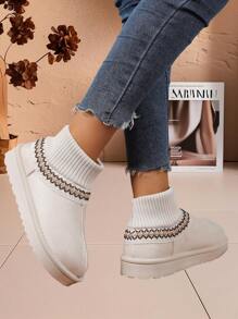 Women's Cute Snow Boots, Fashionable Versatile Flat Thick Bottom Short Boots, Anti-Slip Warm Shoes, Suitable For Indoor And Outdoor Wear, Autumn/Winter