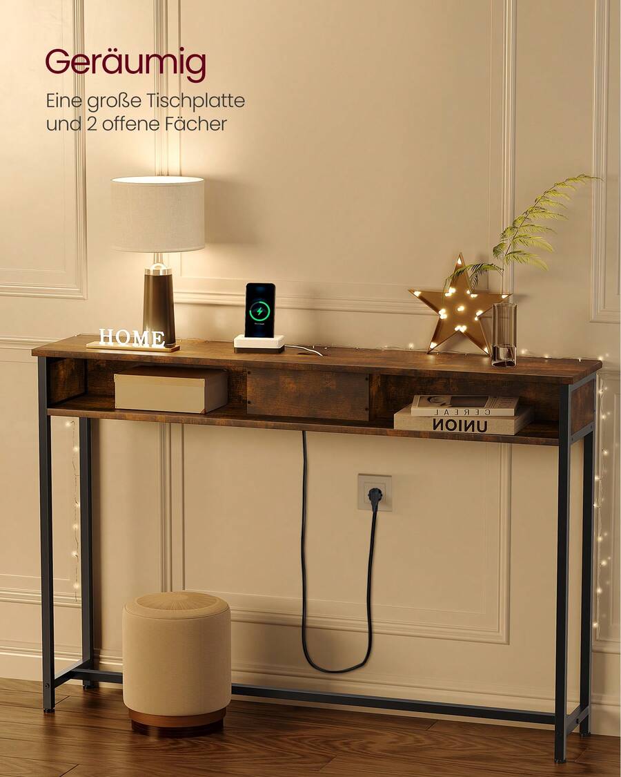 VASAGLE Konsolentisch mit Steckdosen, Beistelltisch mit 2 Fächern, schmal, 25 x 120 x 81 cm, platzsparend, für Eingangsbereich, Wohnzimmer - EU C-Typ Stecker (220-240V) - Übersicht 1