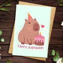 1pc Unique Capybara Birthday Greeting Card With Envelope - Adorable Capybara & Cake Design, Humorous "CAPY BIRTHDAY!" Text, Suitable For Family, Friends, Colleagues, Parties And Celebrations, Creative & Cheerful Party Card, School Supplies,Back To School