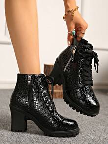 Damskie lakierowane, wiosenne czółenka z grubego obcasa i kwadratowych nosków, modne, wodoodporne, platformowe szpilki z niskim stanem