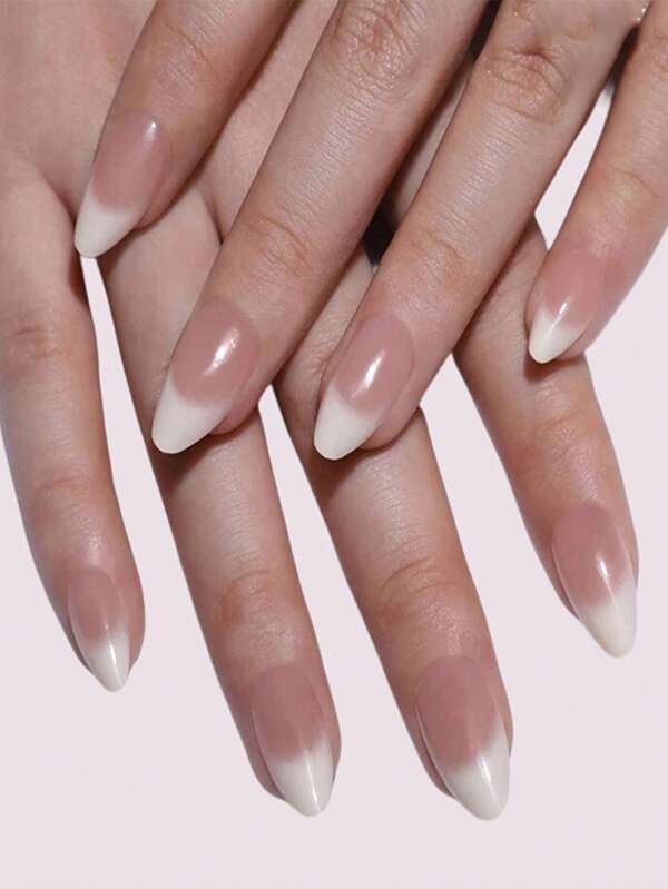 24pcs/Set Short Almond Shape French Nail Art Tips With Gradient Nude & Milky White ColorsPress On Nails, With 1pc Nail Buffing Block And 1pc Jelly Gel