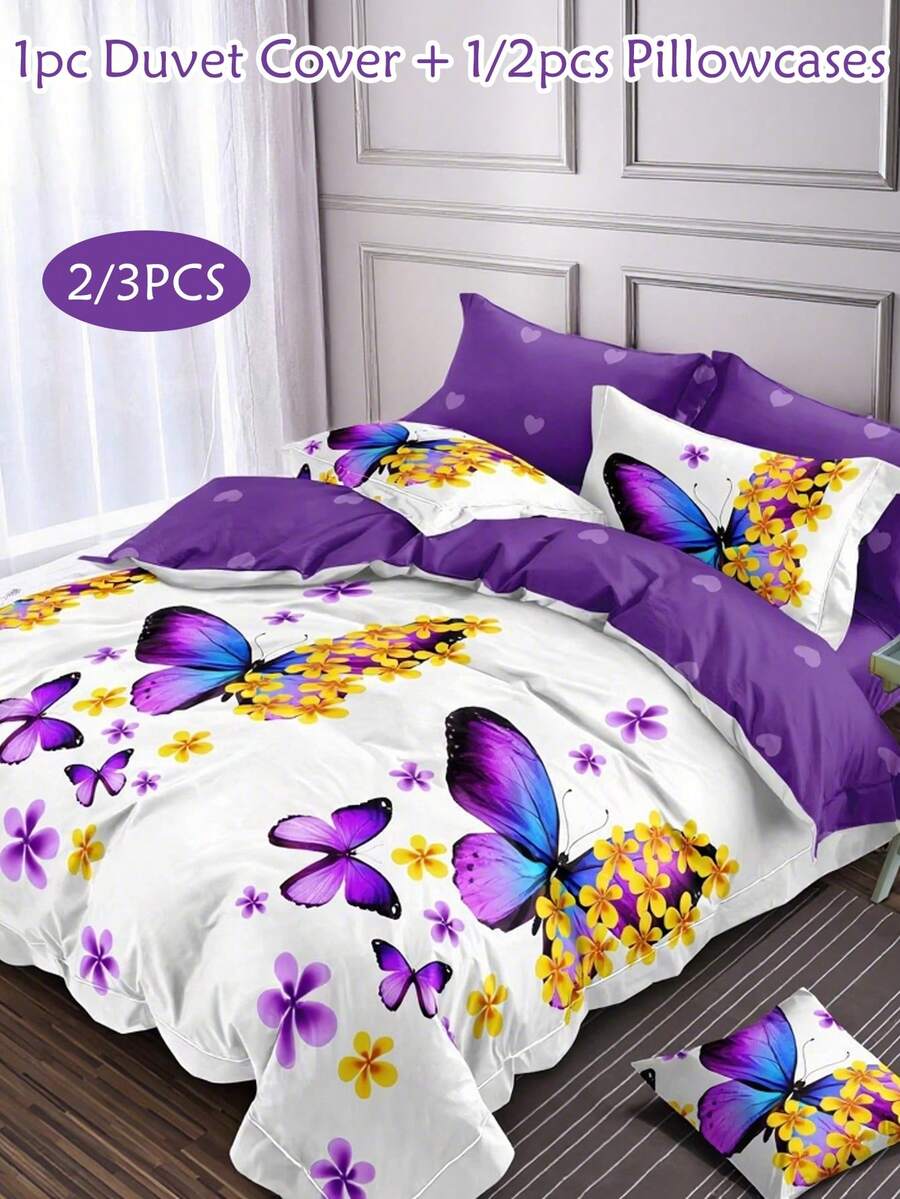 2/3 件紫色蝴蝶图案印花涤纶羽绒被套套装，现代时尚儿童四季床上用品套装，柔软透气，可机洗（1 个羽绒被套 + 1/2 个枕套） - 彩色 - 查看 1