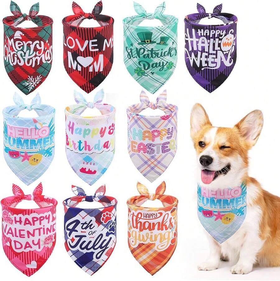 Holiday Dog Bandanas 10 Packs, Easter Dog Bandana Pet Triangle Scarf Festival Style, Seasonal Bandanas 4th Of July Pet Bandana Birthday For Small To Large Dogs Puppies Cats - 節慶格子(10個) - 查看 1