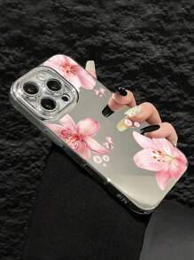 1 件时尚粉色蝴蝶结珍珠装饰花卉图案防摔手机壳带化妆镜 TPU 保护套适用于 16 Pro Max/15/14 Plus/13/12/11 Pro