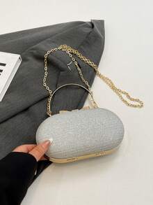 Fashionable Mini Glamorous Metal Chain Shiny/Sequin Portable Gold Women's Evening Bag, Elegant Wedding Crossbody Handbag - Silver - View 8