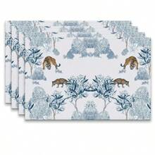 Set de 4 o 6 individuales, decoración del hogar, individual de lino estilo moderno de porcelana azul y blanca impresa, adecuado para mesas de comedor, decoración versátil de temporada en primavera, verano, otoño e invierno, individual de mesa lavable de estilo moderno, resistente al calor, resistente a las manchas, decoración de habitación, individual, posavasos, individual de mesa de cocina, decoración de fiesta, decoración del hogar, regalo ideal