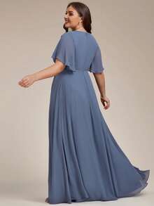EVERPRETTY Elegant Chiffon V-Neck Ruffle Sleeve Floral Applique Blue Bridesmaid Dress, Suitable For Party, Wedding Guest Wear Spring - Dusty Blue - View 3