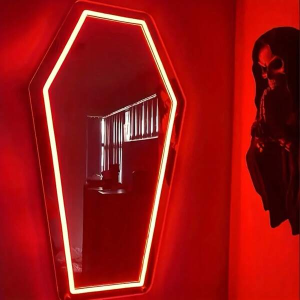 Espejo de pared de neón con forma de ataúd gótico, alimentación por USB, superficie de vidrio, horizontal, estilo decorativo irregular, ideal para amantes del arte oscuro y regalos navideños.