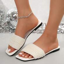 Plus Size Women's White Flat Faux Pearl Decorated Sandals With 5 Sizes Of Gradient Faux Pearl, Comfortable, Casual, Non-Slip, Size 35-43 Valentines