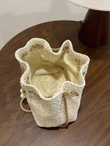 2025 New Woven Small Bucket Bag For Women, Chic Drawstring Chain Shoulder Messenger Bag - Beige - View 8