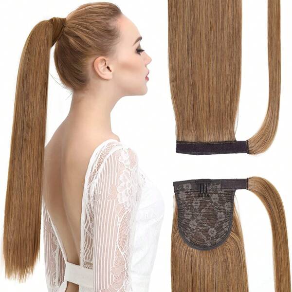 Extensión de cola de caballo de cabello humano color marrón rojizo medio, extensiones de cabello real para mujeres, extensiones de cola de caballo con cabello Remy envolvente de color marrón rojizo medio