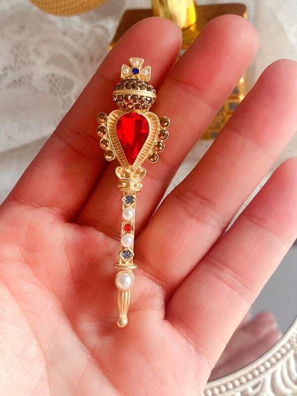 Vintage Baroque Colorful Crystal Pearl Brooch Pin, Gemstone Hollow Geometric Rectangle Brooch, Retro Baroque Crown Red Ruby Crystal Magic Wand Brooch, Fashion
