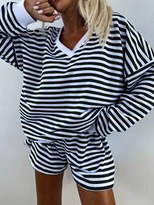 2 Pieces Set Spring Autumn Fashion Classic Stripes V-Neck Long Sleeves Loose Top Comfortable Shorts Casual Fashion Suit Home Clothes Set - 黑色 - 查看 1