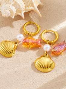 1 Pair Of Gold-Plated Cartoon Stainless Steel Small Fish Accessory Pendant Long Hanging Scallop Women's Earrings