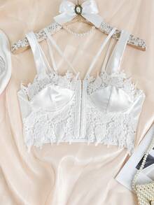 EZNV 1pc Water-Soluble Lace Trim Front Button Tight-Fitting Bustier Top - White - View 8