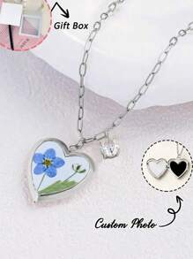 Custom Photo Necklace, Handmade Women's Forget-Me-Not Flower Photo Locket Necklace, Customized Family, Couple, Kids Or Pet Photos, Great For Graduation Gift, Best Friend Keepsake, Birthday, Anniversary