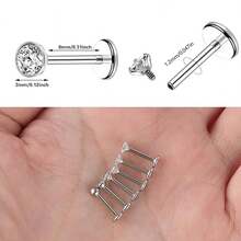 Bộ 6 khuyên mũi đính đá CZ bằng thép không gỉ, khuyên môi, khuyên tai sụn, trang sức xỏ khuyên cho mũi/dây tai/xương ốc/xoắn ốc/sụn/môi dành cho nam nữ (8mm) - Bạc - Xem 2