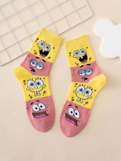 SpongeBob SquarePants 1 双趣味个性化卡通海绵宝宝表情双色提花中筒袜，运动风格，四季皆宜，欧码，舒适透气，色彩鲜艳，适合日常穿着，优质面料，不闷热