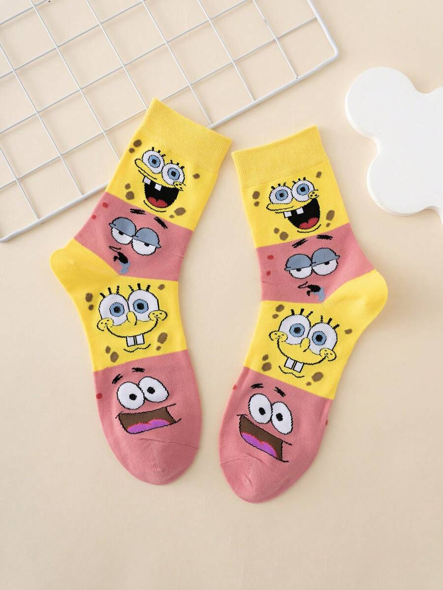 SPONGEBOB 1 Pair Funny Personalized Cartoon SpongeBob Eye Expression Two-Tone Jacquard Mid-Calf Socks, Sports Style, All Season, EU Sizing, Comfortable Breathable , Colorful, Suitable For Daily Wear, Premium Fabric, Non-Stuffy